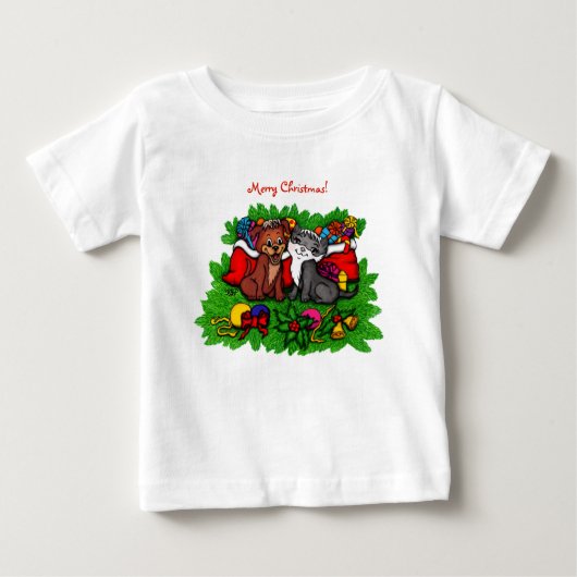 子猫と子犬、幸せなクリスマス ベビーTシャツ (正面)