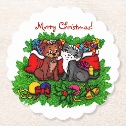 子猫と子犬、幸せなクリスマス ペーパーコースター (正面)