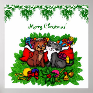 子猫と子犬、幸せなクリスマス ポスター