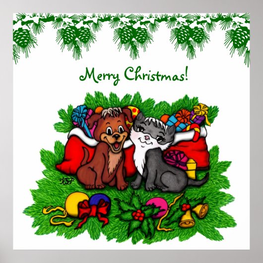 子猫と子犬、幸せなクリスマス ポスター (正面)