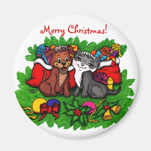 子猫と子犬、幸せなクリスマス マグネット (正面)