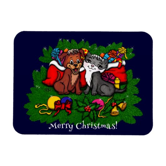 子猫と子犬、幸せなクリスマス マグネット (横)