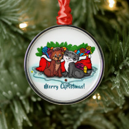 子猫と子犬、幸せなクリスマス メタルオーナメント