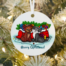 子猫と子犬、幸せなクリスマス メタルオーナメント