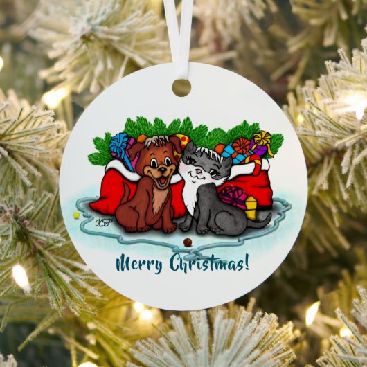 子猫と子犬、幸せなクリスマス メタルオーナメント (インサイチュ)