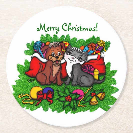 子猫と子犬、幸せなクリスマス ラウンドペーパーコースター (正面)