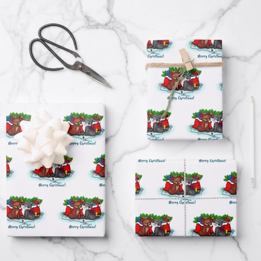 子猫と子犬、幸せなクリスマス ラッピングペーパーシート (正面)