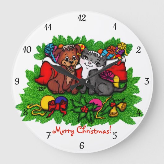 子猫と子犬、幸せなクリスマス ラージ壁時計 (正面)