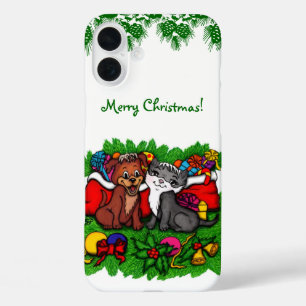 子猫と子犬、幸せなクリスマス iPhone 16 PLUSケース