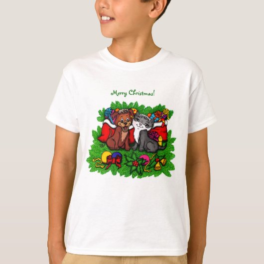 子猫と子犬、幸せなクリスマス Tシャツ (正面)