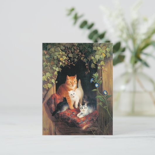 子猫と母猫、ファインアート絵画、 ポストカード (スタンド正面)