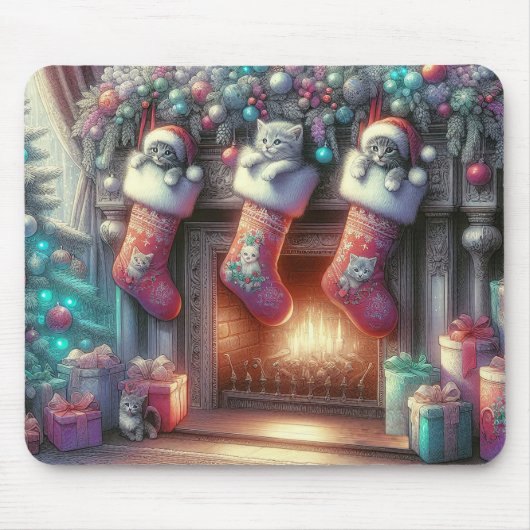 子猫と水彩色のクリスマスストッキング マウスパッド (正面)