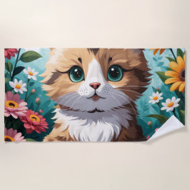 子猫と花 ビーチタオル
