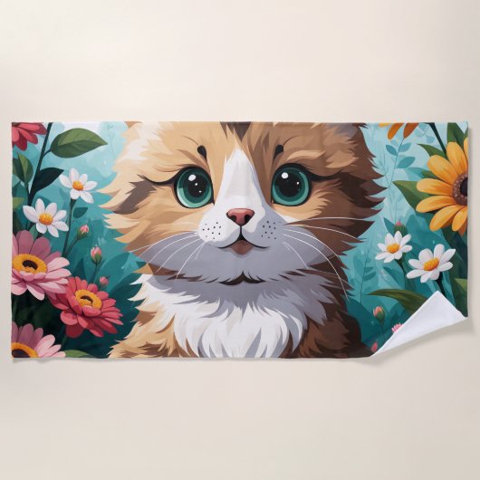 子猫と花 ビーチタオル (正面)
