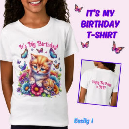 子猫と蝶と花誕生日 Tシャツ