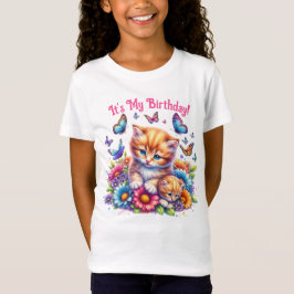 子猫と蝶と花誕生日 Tシャツ