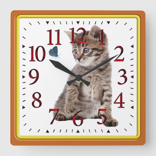 子猫と蝶の画像ラウンドラージウォールクロック スクエア壁時計 (正面)