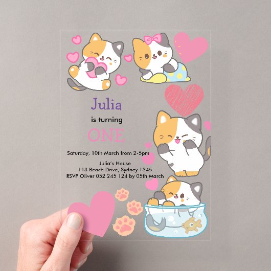 子猫と1歳の女の子の誕生日 アクリル招待状 (インサイチュ (ポータブル))
