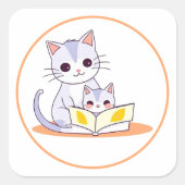 子猫に本を読む母猫のラウンドステッカー スクエアシール (正面)