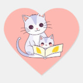 子猫に本を読む母猫のラウンドステッカー ハートシール (正面)