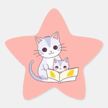 子猫に本を読む母猫の星型ステッカー