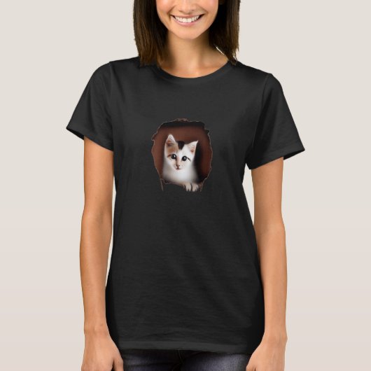 子猫のひょっこり ひび割れた壁 破れた布 国民の子猫の日 Tシャツ (正面)