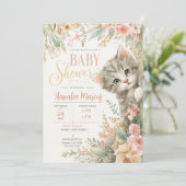 子猫のほっぺ ピンクの花柄 ベビーシャワー 招待状 (スタンド正面)