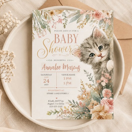 子猫のほっぺ ピンクの花柄 ベビーシャワー 招待状