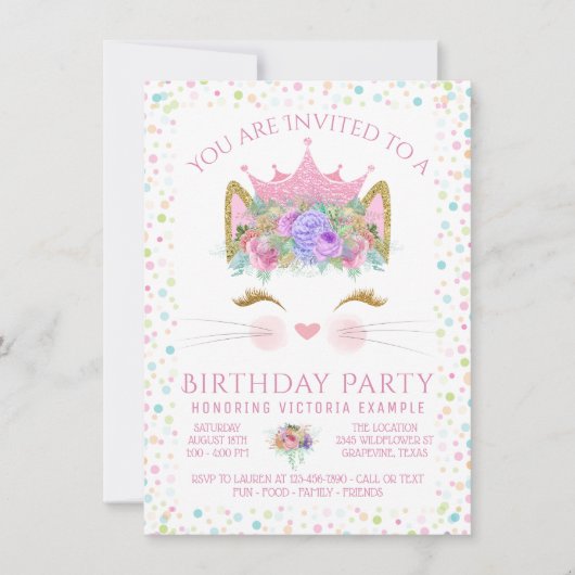 子猫のコンフェティ女子 誕生日パーティー 数字指定可 招待状 (正面)