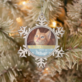 子猫のパーソナライズされた初めてのクリスマス写真 スノーフレークピューターオーナメント