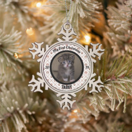 子猫のパーソナライズされた初めてのクリスマス写真 スノーフレークピューターオーナメント