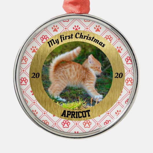 子猫のパーソナライズされた初めてのクリスマス写真 メタルオーナメント (正面)