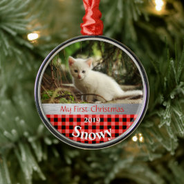 子猫のパーソナライズされた初めてのクリスマス写真 メタルオーナメント