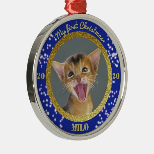 子猫のパーソナライズされた初めてのクリスマス写真 メタルオーナメント (右)