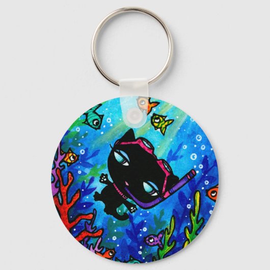 子猫のボビンが魚猫キーチェーンと一緒に泳ぐ キーホルダー (正面)