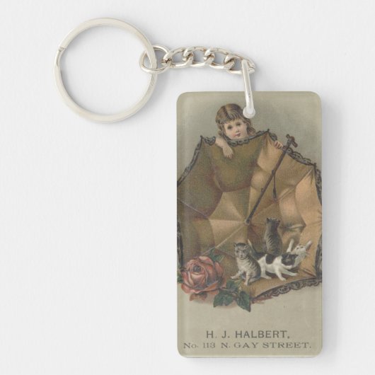 子猫の傘を持つ女の子Ephemera Keychain キーホルダー (正面)