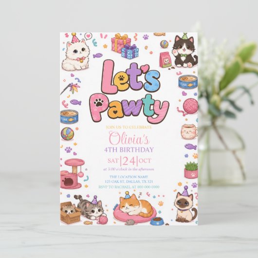 子猫の女の子の誕生日パーティーの招待状 招待状 (スタンド正面)