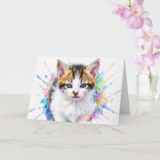 子猫の水彩アート スプラッシュ ノートカード (蘭)