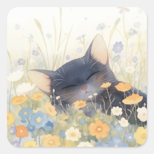 子猫の花柄ベッド スクエアシール (正面)