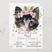 子猫の誕生日の招待、猫パワティパーティー 招待状 (正面/裏面)