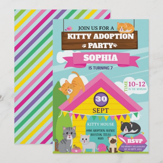 子猫の誕生日パーティーの招待状 / 女の子の子猫パーティー 招待状 (正面/裏面)