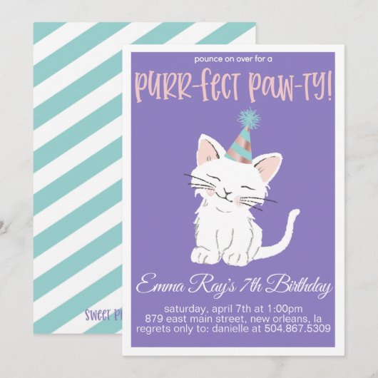 子猫の誕生日パーティーの招待状 招待状 (正面/裏面)