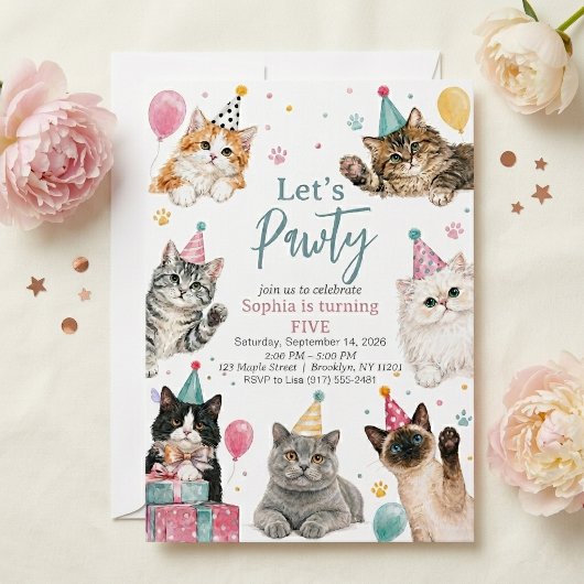子猫の誕生日パーティー招待状 Let's Pawty 招待状