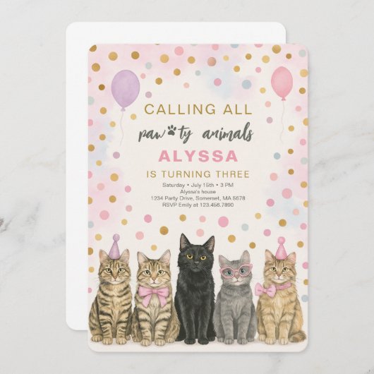 子猫の誕生日会に子猫を呼ぶ 招待状 (正面/裏面)
