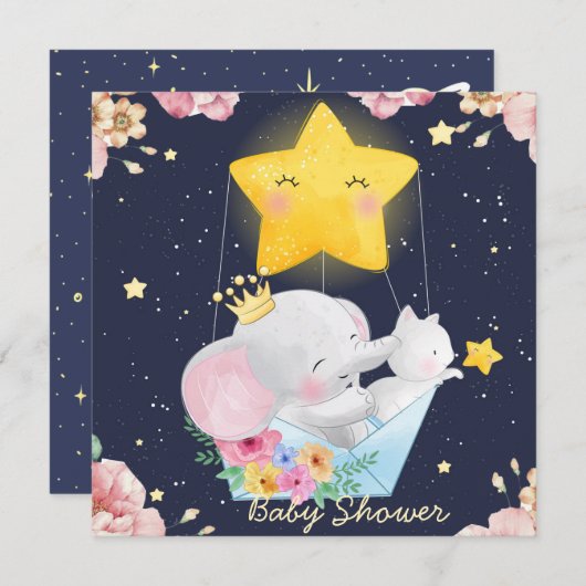 子猫の赤ちゃんシャワー付き象招待状 招待状 (正面/裏面)