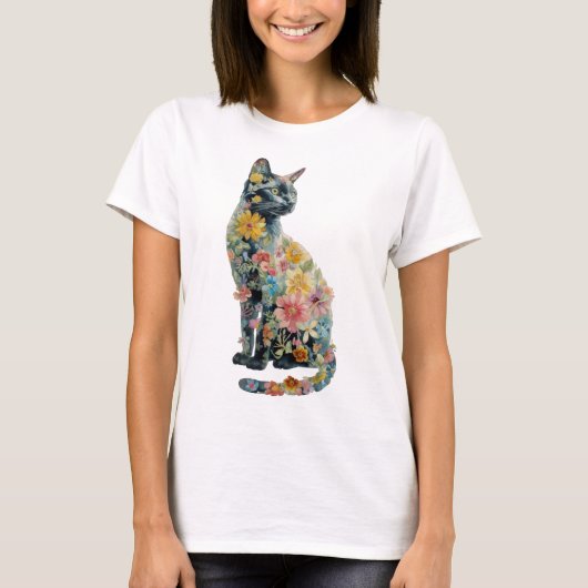 子猫の野の花 水彩画 ネコのママ Tシャツ (正面)