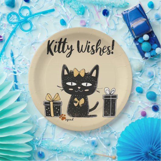 子猫の願いが叶う可愛い黒猫と現在の誕生日 ペーパープレート (パーティー)