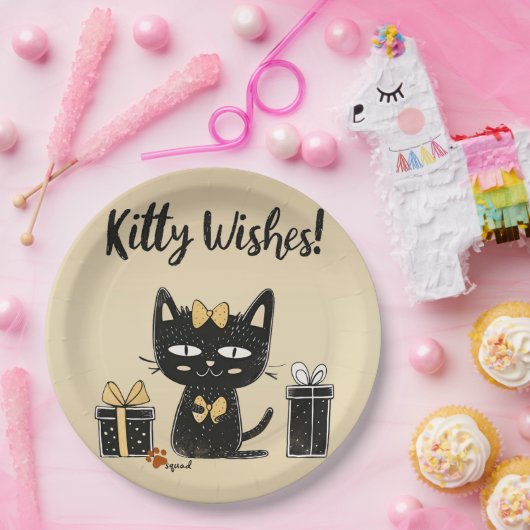 子猫の願いが叶う可愛い黒猫と現在の誕生日 ペーパープレート (パーティー)