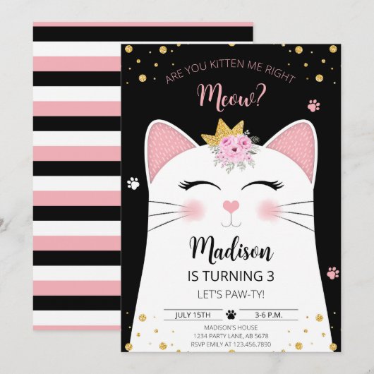 子猫の鳴き声 バースデー ブラック 招待状 (正面/裏面)