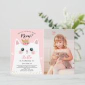 子猫の鳴き声 ピンクの王冠 女の子 キティ 猫の誕生日 招待状 (スタンド正面)